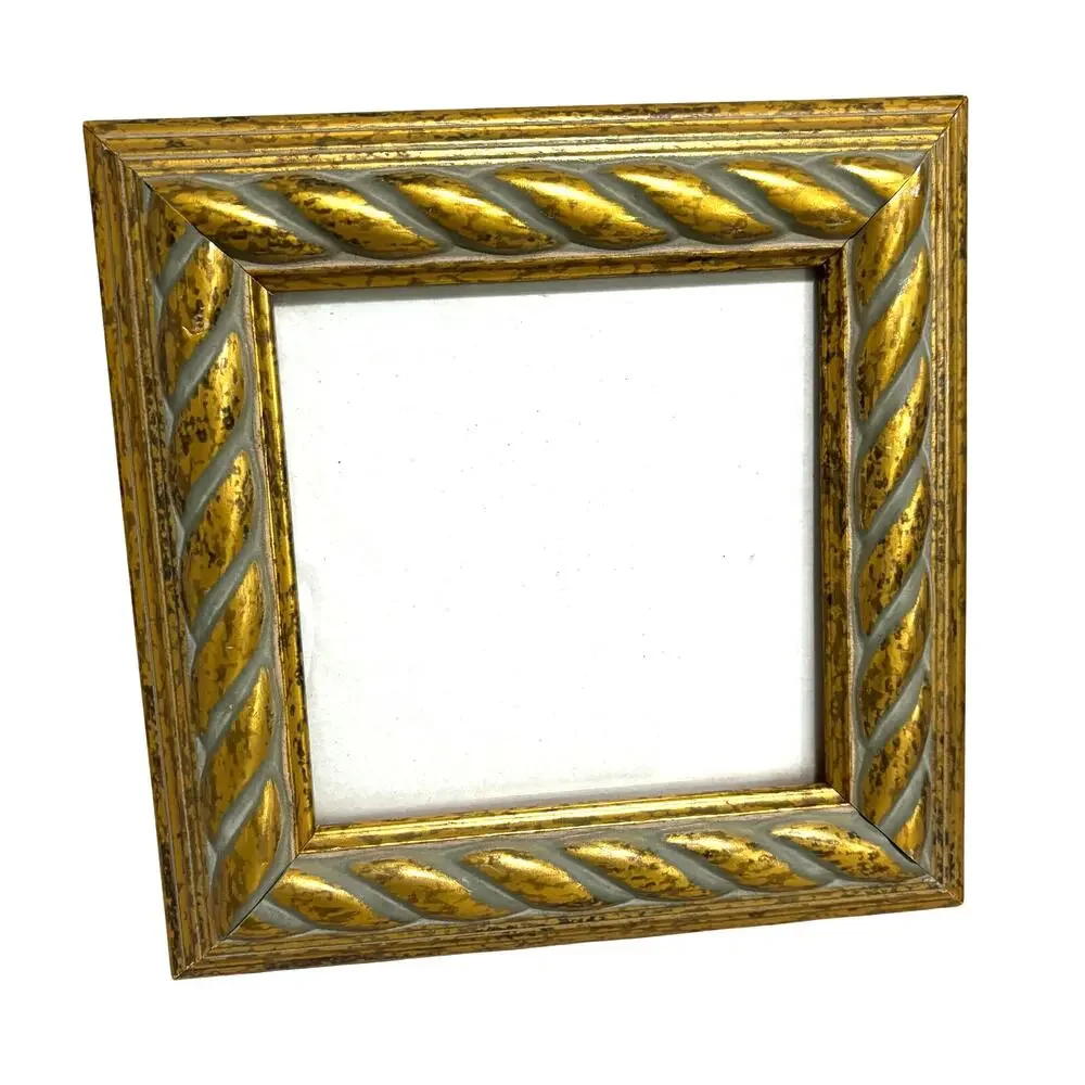 Vintage style free standing photo frame rear loading gold painted wood 5” square